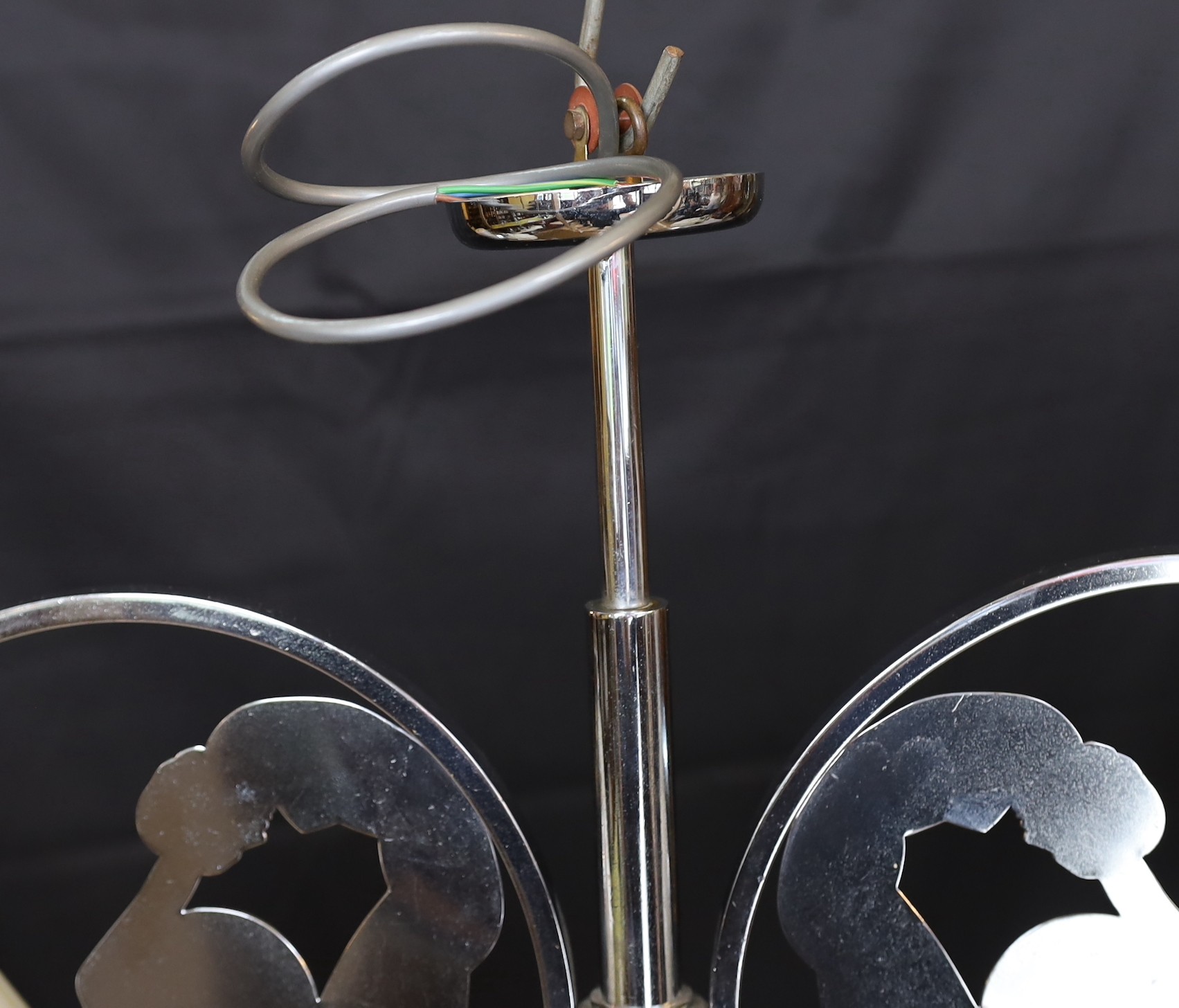 An 1950s English nickel plated twin branch light fitting with opaque glass shades, height 35cm. width 60cm